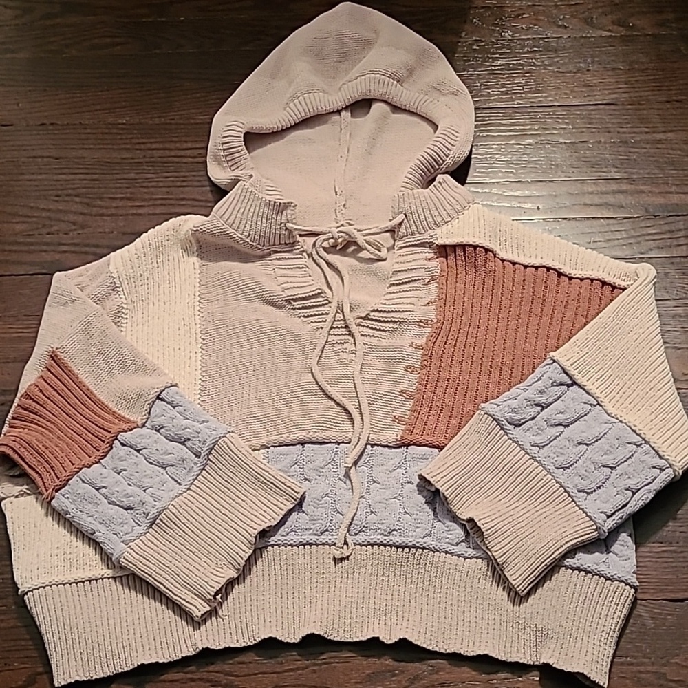 POL Color Block Multi-texture V-neck Knit Hooded Sweater Wmn L Oversized Slouchy - Picture 3 of 16